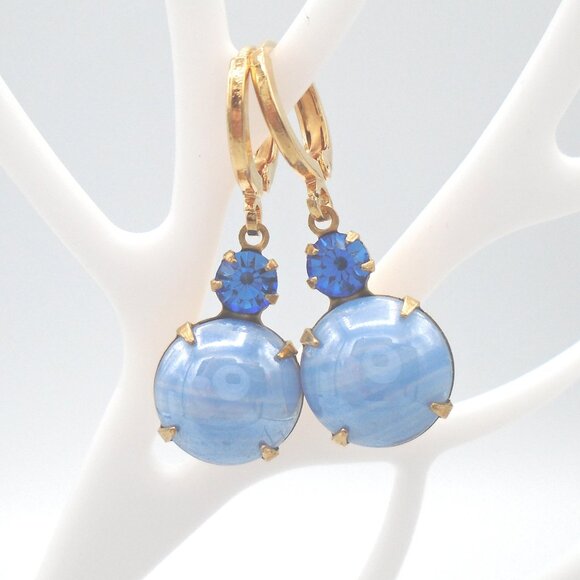 NWT ~VINTAGE DANGLE EARRINGS Peridot, Rose and Sapphire Blue Austrian Glass Gems - Picture 2 of 4